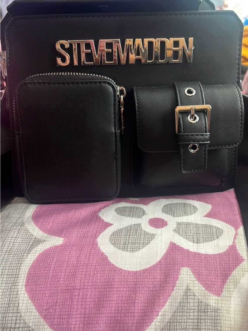 Steve Madden Black Faux Leather Crossbody Bag with Front Pockets